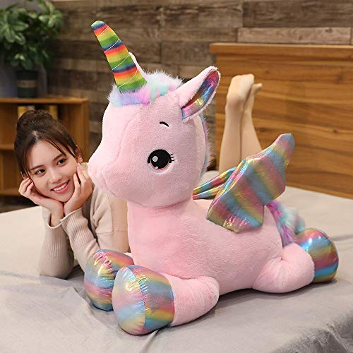 RJGLKS Juguete de Peluche de Unicornio de tamaño Gigante, alas de arcoíris, muñeco de Unicornio Relleno, Caballo, Juguete para niña, cumpleaños, 100 cm, Rosa