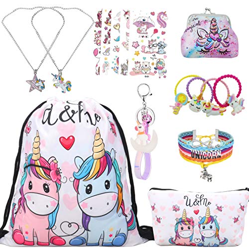 RLGPBON Pack de 5 Regalos de Unicornio para niñas, Mochila con cordón Bags/Maquillaje Bolsa/Collar Aleación Cadena/Lazos para el Cabello