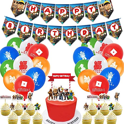 Roblox Decoración para Fiestas de Cumpleaños con Globos Banderín Feliz Cumpleaños Tarjetas de Tarta Adornos de Casa para Fiestas Fiesta Temática Roblox Dibujos Animados para Niños Adultos Fans