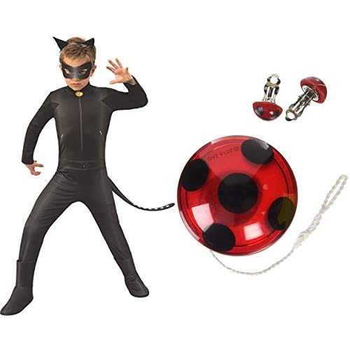 Rubies Ladybug - Disfraz de Cat Noir para niños, talla 5-6 años (640904-M) + Miraculous Ladybug - Set YO-YO y las pendientes