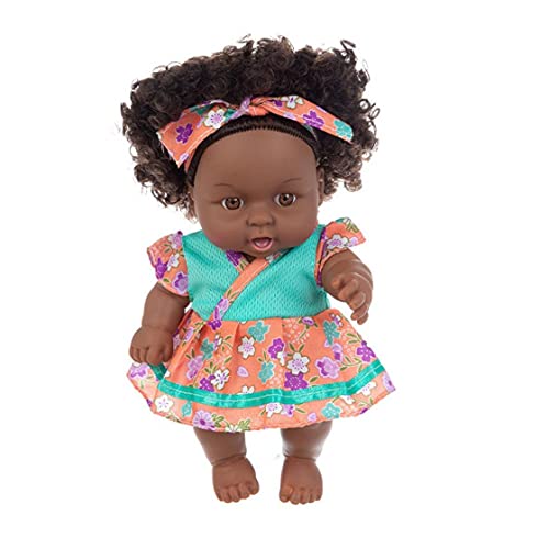 Runfun Juguete De Simulación Muñeca Negro Africano Niña del Negro Realista De La Muñeca De 20 Cm con Regalos De La Flor De Naranja Verde Falda para Niños Festivales Plantas Artificiales Al Aire Libre