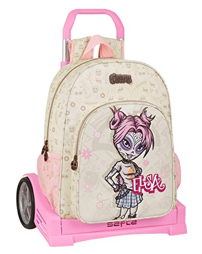 Safta Mochila 180 Espalda Ergonómica con Carro Evolution de Catrinas Kelly, Elsa y Mariko, 330x140x420mm, crema/rosa palo, m