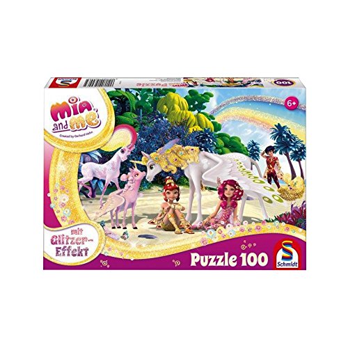 Schmidt Spiele- MIA and Me MIA & Me - Puzzle de 100 Piezas con Purpurina en la Playa, Color Blanco (56246)