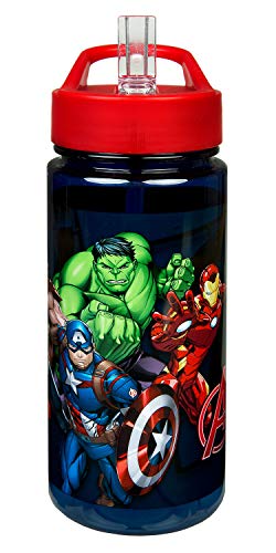 Scooli AVER9913 Aero botella de plástico con pajilla integrada y boquilla para beber, sin BPA ni ftalatos, Los Vengadores de Marvel, aprox. 500 ml