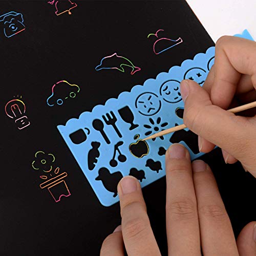 Scratch Art,JBSON 30 Hojas Dibujo Scratch Láminas para Rascar Creativas Papel para Dibujar con Niños, Manualidades, Escribir Listas, Incluye 4 Plantillas de Plantillas de Dibujo y 10 lápices de Madera