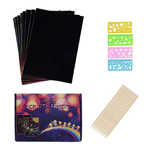 Scratch Art,JBSON 30 Hojas Dibujo Scratch Láminas para Rascar Creativas Papel para Dibujar con Niños, Manualidades, Escribir Listas, Incluye 4 Plantillas de Plantillas de Dibujo y 10 lápices de Madera