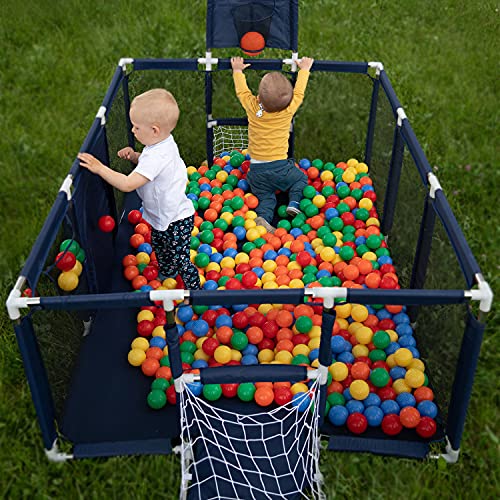 Selonis Parque De Juegos Con Canasta, Meta Y 100 Bolas Para Niños, Azul Marino:Amarillo/Verde/Azul/Rojo/Naranja