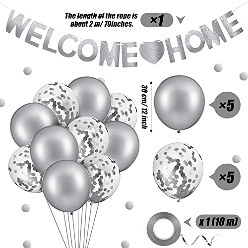 Set de 12 Decoraciones de Bienvenido a Casa Globos y Bandera de Welcome Home Incluye Globo Tropical de Bienvenido a Casa y Bandera con Purpurina para Suministros Fiesta (Plata)