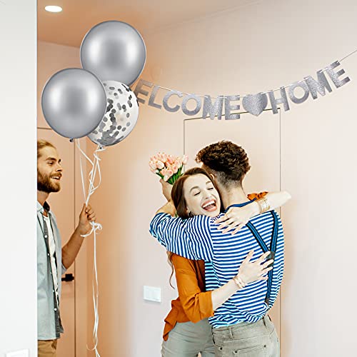 Set de 12 Decoraciones de Bienvenido a Casa Globos y Bandera de Welcome Home Incluye Globo Tropical de Bienvenido a Casa y Bandera con Purpurina para Suministros Fiesta (Plata)