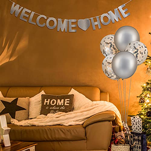 Set de 12 Decoraciones de Bienvenido a Casa Globos y Bandera de Welcome Home Incluye Globo Tropical de Bienvenido a Casa y Bandera con Purpurina para Suministros Fiesta (Plata)