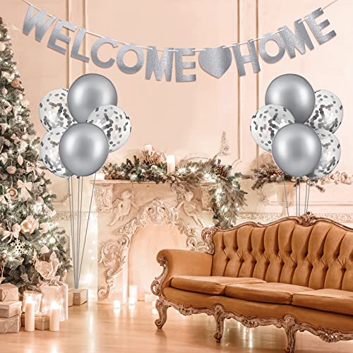 Set de 12 Decoraciones de Bienvenido a Casa Globos y Bandera de Welcome Home Incluye Globo Tropical de Bienvenido a Casa y Bandera con Purpurina para Suministros Fiesta (Plata)