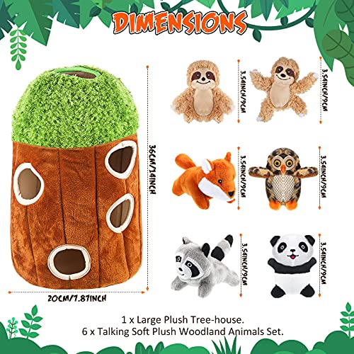 Set de 7 Piezas Animales de Bosque Peluche Hablando en Gran Casa de Árbol Juguete de Perro Perezoso de Peluche Ocultar y Buscar Actividad Amigos de Bosque Madriguera Chirriante