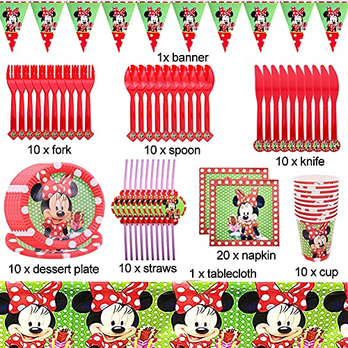 Set de Fiesta de Cumpleaños de Minnie, Vajilla para Fiesta de Cumpleaños Kit Minnie Decoración de Mesa de Cumpleaños Incluye Platos, Tazas, Servilletas, Manteles, Pajitas,Pancartas Party Supplies