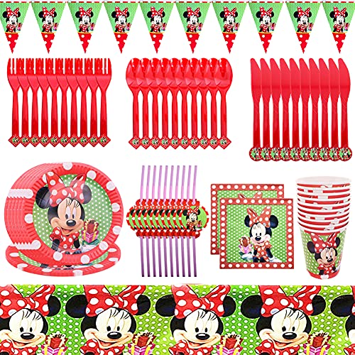 Set de Fiesta de Cumpleaños de Minnie, Vajilla para Fiesta de Cumpleaños Kit Minnie Decoración de Mesa de Cumpleaños Incluye Platos, Tazas, Servilletas, Manteles, Pajitas,Pancartas Party Supplies