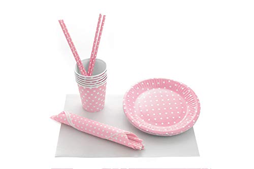 Set de Vajilla Desechable Para Fiestas de Cumpleaños, Babyshower, Party para 30 Personas. Incluye Guirnalda, servilletas, vasos, platos y pajitas. Liso con lunares. (Rosa)