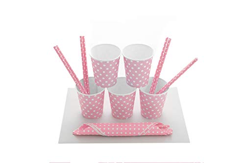 Set de Vajilla Desechable Para Fiestas de Cumpleaños, Babyshower, Party para 30 Personas. Incluye Guirnalda, servilletas, vasos, platos y pajitas. Liso con lunares. (Rosa)