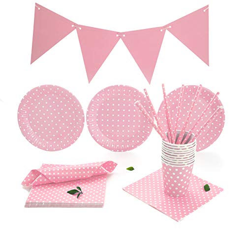 Set de Vajilla Desechable Para Fiestas de Cumpleaños, Babyshower, Party para 30 Personas. Incluye Guirnalda, servilletas, vasos, platos y pajitas. Liso con lunares. (Rosa)