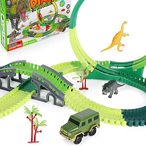 SHANNA Pistas de Dinosaurios Juguete Coche de Carreras Juego de Juguetes Vías de Tren Flexibles Juego de Rompecabezas Dinosaurio Juguetes para niño Niña Cumpleaños (Pistas Juguete A)