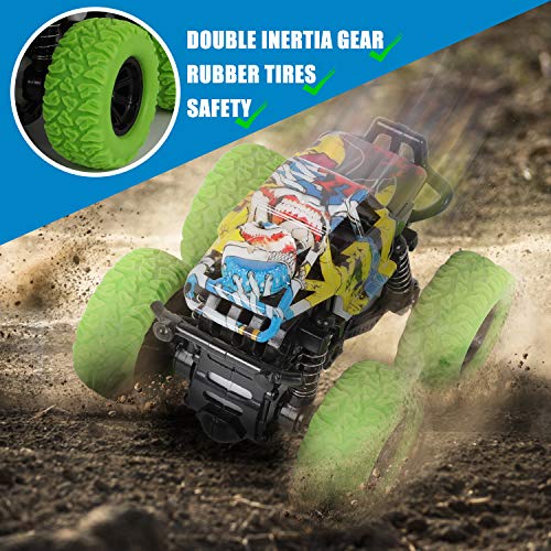 Shayson Inertia Tire hacia Atrás del Coche Truck Monster Camión Todoterreno Coche De Carreras De Juguete con Rotación De 360 Grados Escala 1:36 Real Racing Niños De 3 a 8 Años （Azul + Verde）