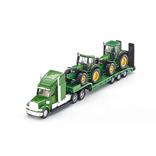 SIKU 1837, Camión de plataforma baja con dos tractores John Deere, 1:87, Portón posterior plegable, Metal/Plástico, Verde