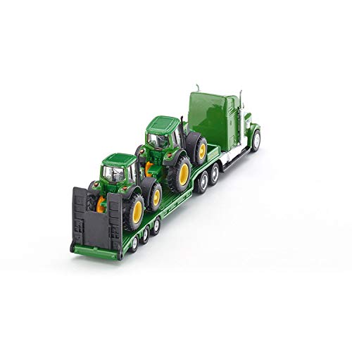 SIKU 1837, Camión de plataforma baja con dos tractores John Deere, 1:87, Portón posterior plegable, Metal/Plástico, Verde