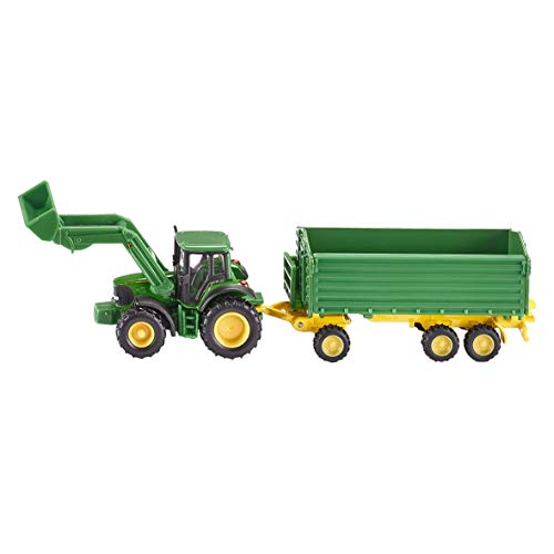 SIKU 1843, Tractor John Deere con cargador frontal y remolque, 1:87, Remolque basculante, Metal/Plástico, Verde