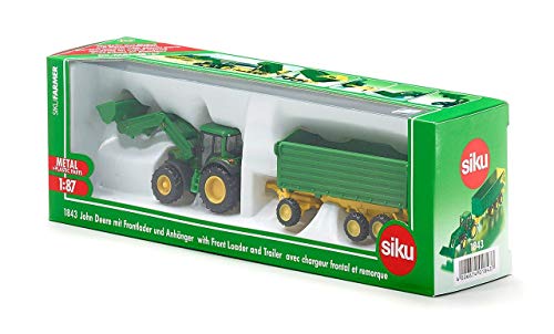 SIKU 1843, Tractor John Deere con cargador frontal y remolque, 1:87, Remolque basculante, Metal/Plástico, Verde