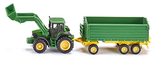 SIKU 1843, Tractor John Deere con cargador frontal y remolque, 1:87, Remolque basculante, Metal/Plástico, Verde