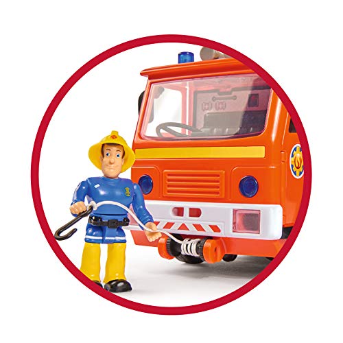 Simba Sam Jupiter 2.0 109251036 - Coche de Bomberos con Figura de Sam y Elvis, con luz y Sonido, con Escalera Extensible y luz de búsqueda, 28 cm, para niños a Partir de 3 años