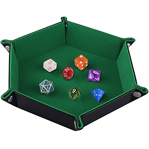 SIQUK Bandeja de Dados de Doble Tablero de Dados, Cuero Plegable de hexágono PU y Soporte de Dados de Terciopelo Verde Oscuro para Mazmorras y Dragones Juego de Dados D&D y Otros Juegos de Mesa