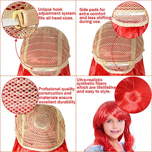 Sirena Peluca Niñas Largo Rizado Roja Peluca Cosplay Peluca con Gorro de Peluca y Pinza de Pelo para Cosplay Halloween Peluca Disfraz Accesorios