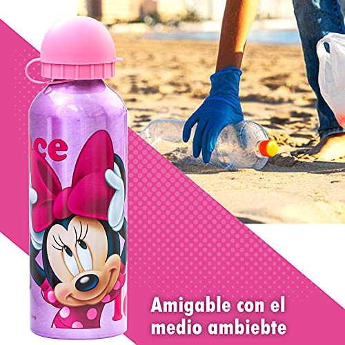 SKYLINE Cantimplora Infantil 500 ML, Minnie Mouse, Botella Aluminio para Niñas, Con Tapa Hermética, Sin BPA, Para Llevar a la Escuela, Parque, Deportes etc