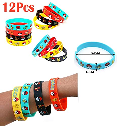 SLINGDA 24 Piezas Monster Mini Figuras , 12 Pulsera de Silicona, Tatuajes Temporales (6 Hojas),6 Piezas Llavero Pokemon Pikachu Fiesta para Niños Decoraciones Suministros