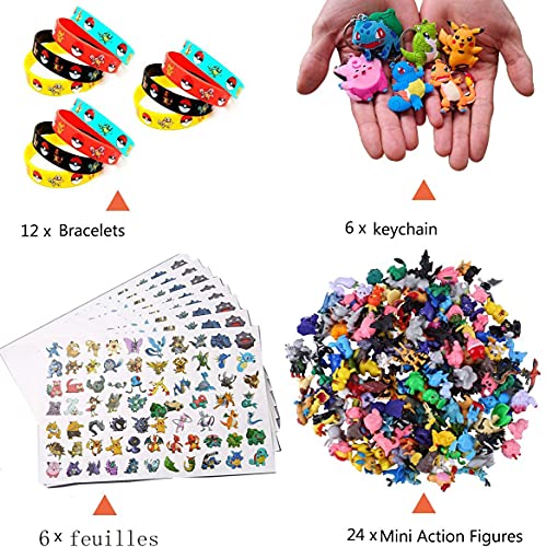 SLINGDA 24 Piezas Monster Mini Figuras , 12 Pulsera de Silicona, Tatuajes Temporales (6 Hojas),6 Piezas Llavero Pokemon Pikachu Fiesta para Niños Decoraciones Suministros