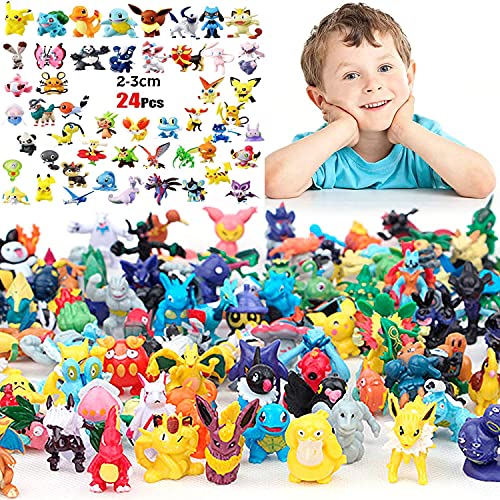 SLINGDA 24 Piezas Monster Mini Figuras , 12 Pulsera de Silicona, Tatuajes Temporales (6 Hojas),6 Piezas Llavero Pokemon Pikachu Fiesta para Niños Decoraciones Suministros