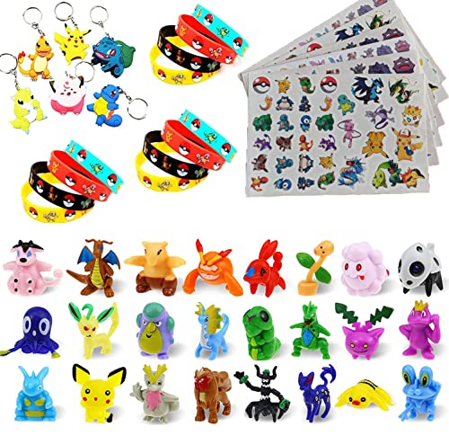 SLINGDA 24 Piezas Monster Mini Figuras , 12 Pulsera de Silicona, Tatuajes Temporales (6 Hojas),6 Piezas Llavero Pokemon Pikachu Fiesta para Niños Decoraciones Suministros