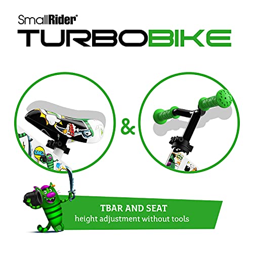 Small Rider Turbo, Bicicleta sin Pedales, Rueda Variable de PU con luz, Asiento y Manillar Ajustables, Increíble Regalo de cumpleaños, Balance Bike para Bebé de 18 Meses o más (Verde)