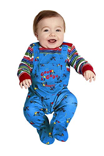 Smiffys 52411B3 Disfraz de bebé Chucky con licencia oficial para niños, azul y rojo, B3-6-9 meses