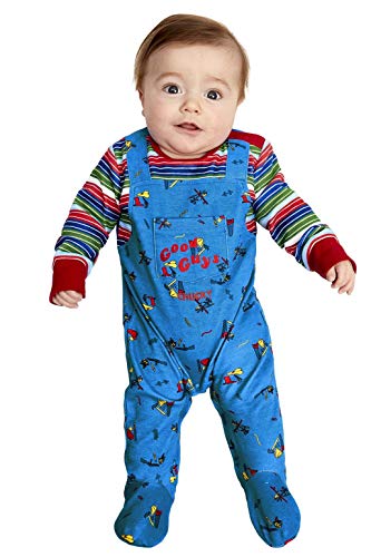 Smiffys 52411B3 Disfraz de bebé Chucky con licencia oficial para niños, azul y rojo, B3-6-9 meses