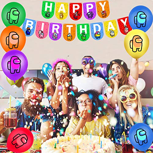 smileh Cumpleaños Decoracion de Among Us Globos Pancarta de Feliz Cumpleaños de Juegos para niños adultos Decoraciones de Fiesta