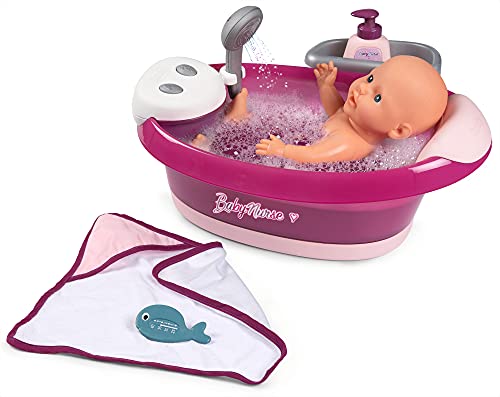 Smoby Baby Nurse-Bañera, Ducha Electrónica, Función de Burbujas con Luz y Accesorios, para muñecos bebé de hasta 42 cm Pilas no Incluidas. A Partir de 3 años, Color (220362)