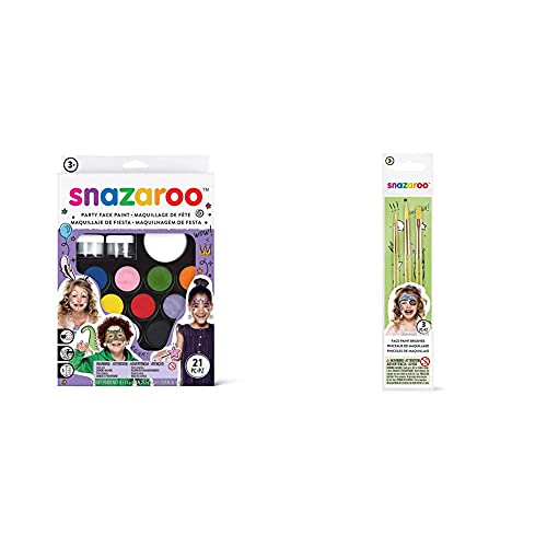 Snazaroo Ultimate Party Pack - Set de Maquillaje de Fiesta + Set de 3 pinceles para pintura facial, color verde