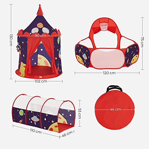 SONGMICS Tienda de Niños Pop-up 3 en 1, Carpa de Niños, Tienda de Infantil con Ventana, Tema Aeroespacial, Uso Interior o Exterior, Idea de Regalo, Fiesta de Cumpleaños, Azul y Rojo ,LPT703Q01