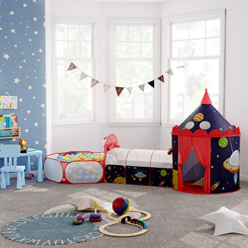 SONGMICS Tienda de Niños Pop-up 3 en 1, Carpa de Niños, Tienda de Infantil con Ventana, Tema Aeroespacial, Uso Interior o Exterior, Idea de Regalo, Fiesta de Cumpleaños, Azul y Rojo ,LPT703Q01