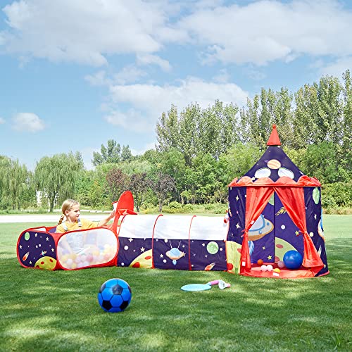 SONGMICS Tienda de Niños Pop-up 3 en 1, Carpa de Niños, Tienda de Infantil con Ventana, Tema Aeroespacial, Uso Interior o Exterior, Idea de Regalo, Fiesta de Cumpleaños, Azul y Rojo ,LPT703Q01