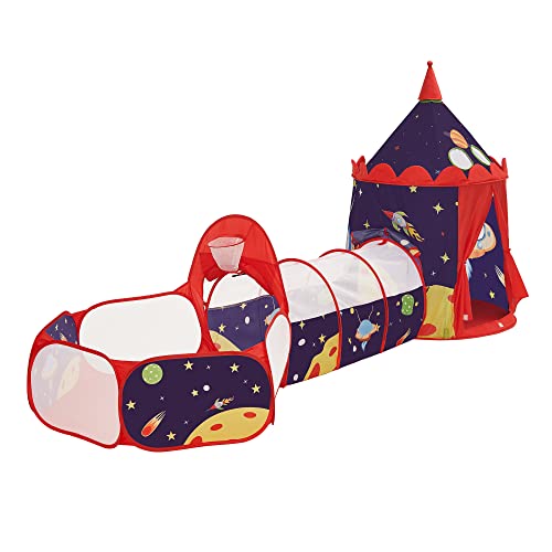 SONGMICS Tienda de Niños Pop-up 3 en 1, Carpa de Niños, Tienda de Infantil con Ventana, Tema Aeroespacial, Uso Interior o Exterior, Idea de Regalo, Fiesta de Cumpleaños, Azul y Rojo ,LPT703Q01