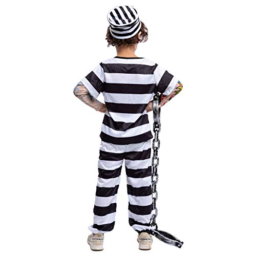 Spooktacular Creations Prisoner Jail Halloween Costume with Tattoo Sleeve and Toy Handcuffs for Kids (Medium ( 8- 10 yrs))