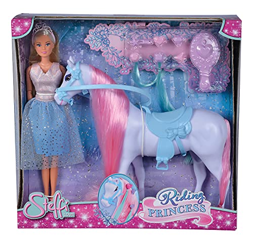 Steffi Love Riding Princess - Muñeca de Princesa con Caballo, Totalmente móvil, con Cepillo, Clip para el Pelo y Dos mechones, 29 cm, para niños a Partir de 3 años