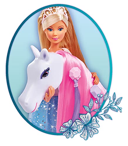 Steffi Love Riding Princess - Muñeca de Princesa con Caballo, Totalmente móvil, con Cepillo, Clip para el Pelo y Dos mechones, 29 cm, para niños a Partir de 3 años