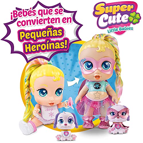 Super Cute Muñeca Superheroína Regi con biberón mágico, Mascota Snowball, Ropa Reversible y Accesorios